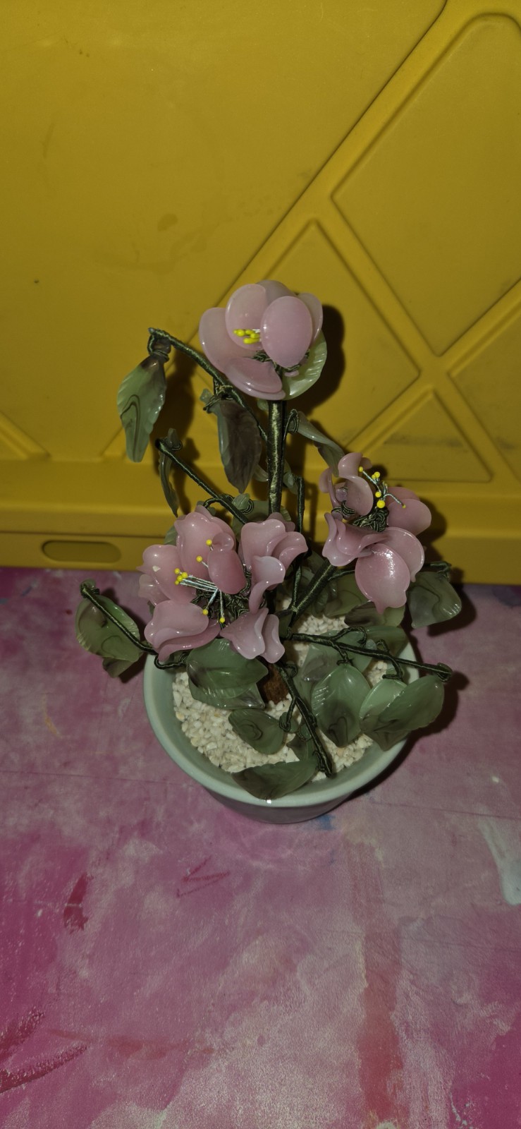 Vintage Chinese Jade & Glass Bonsai Tree Pink Flowers