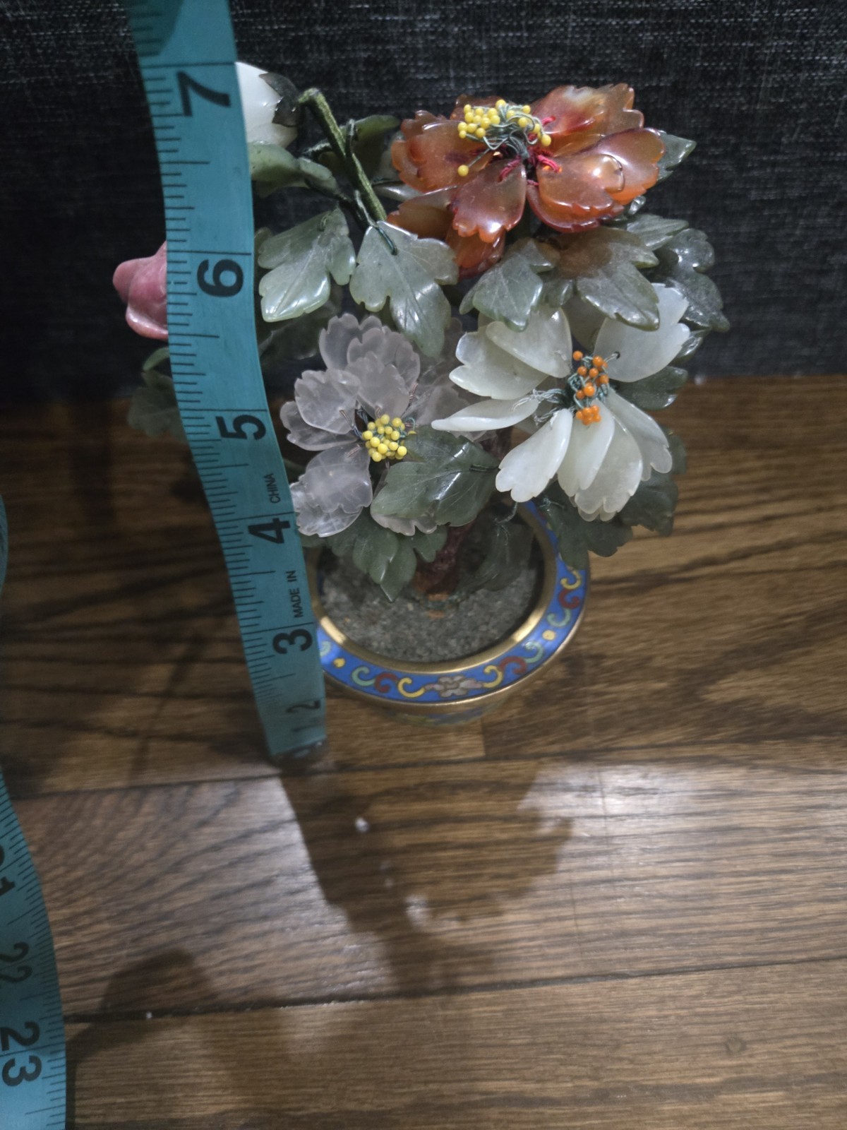Antique Jade Amber Quartz Flowering Tree in Bronze Cloisonne Planter