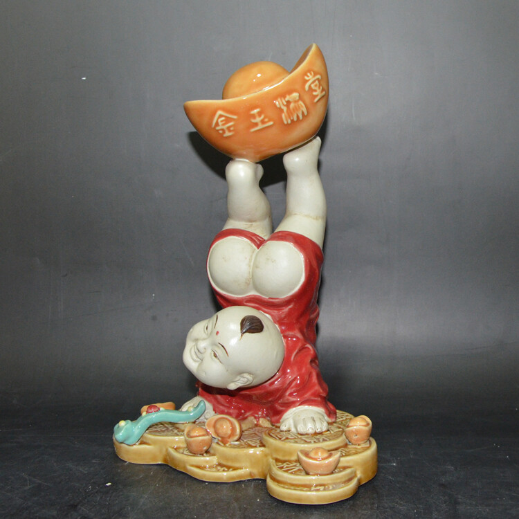 10.6″Collect China Jingdezhen Porcelain Yuen Bo Copper Cash Handstand Boy Statue
