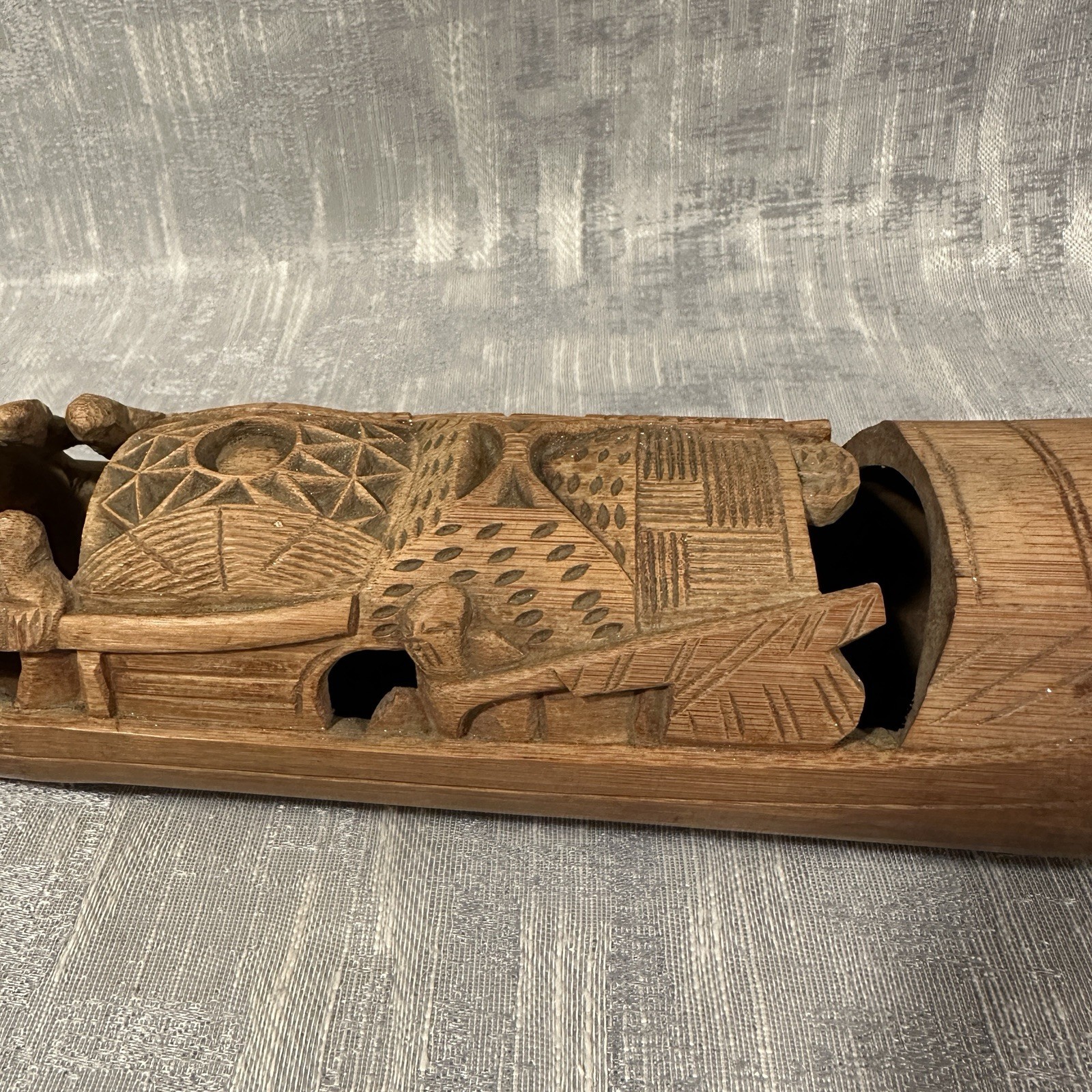 Vtg Chinese Carved Bamboo Junk Fishing Boat Copper Calligraphy Brush Tray Insert
