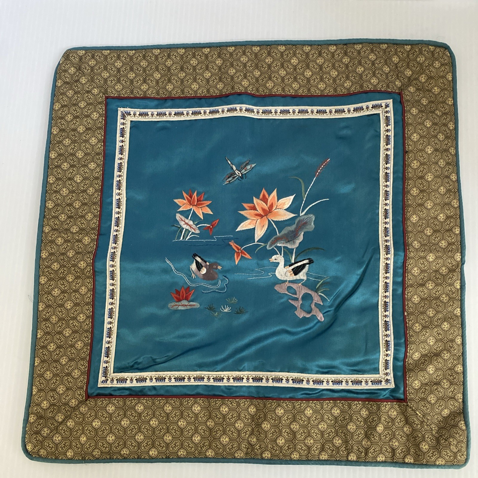Vintage (1980s) Asian Hand Embroidered Silk Pillow Cover Duck Flower Dragonfly