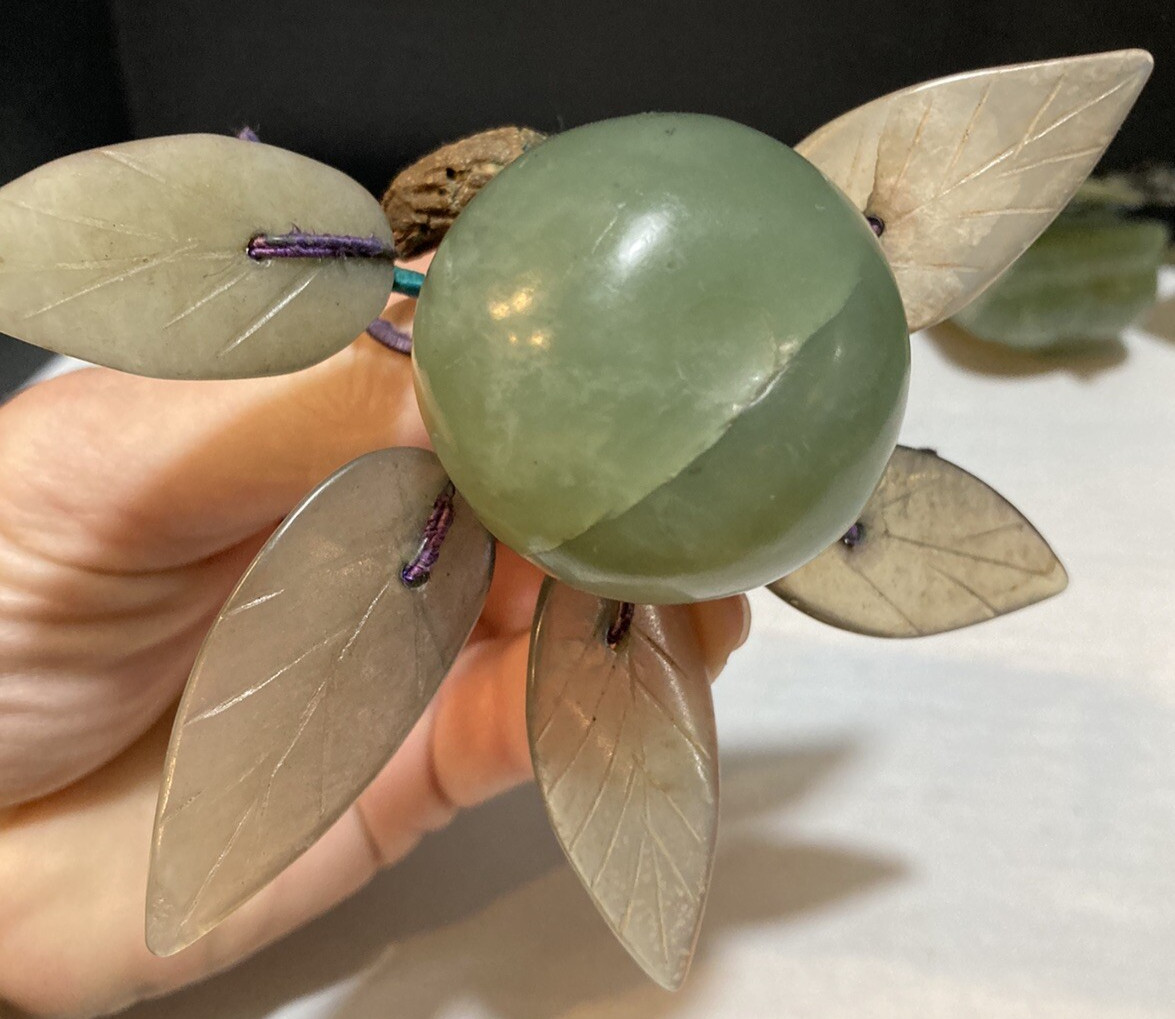 Vintage Chinese Hand Carved Jade & Agate Stone Fruit Set Grapes Banana Berry