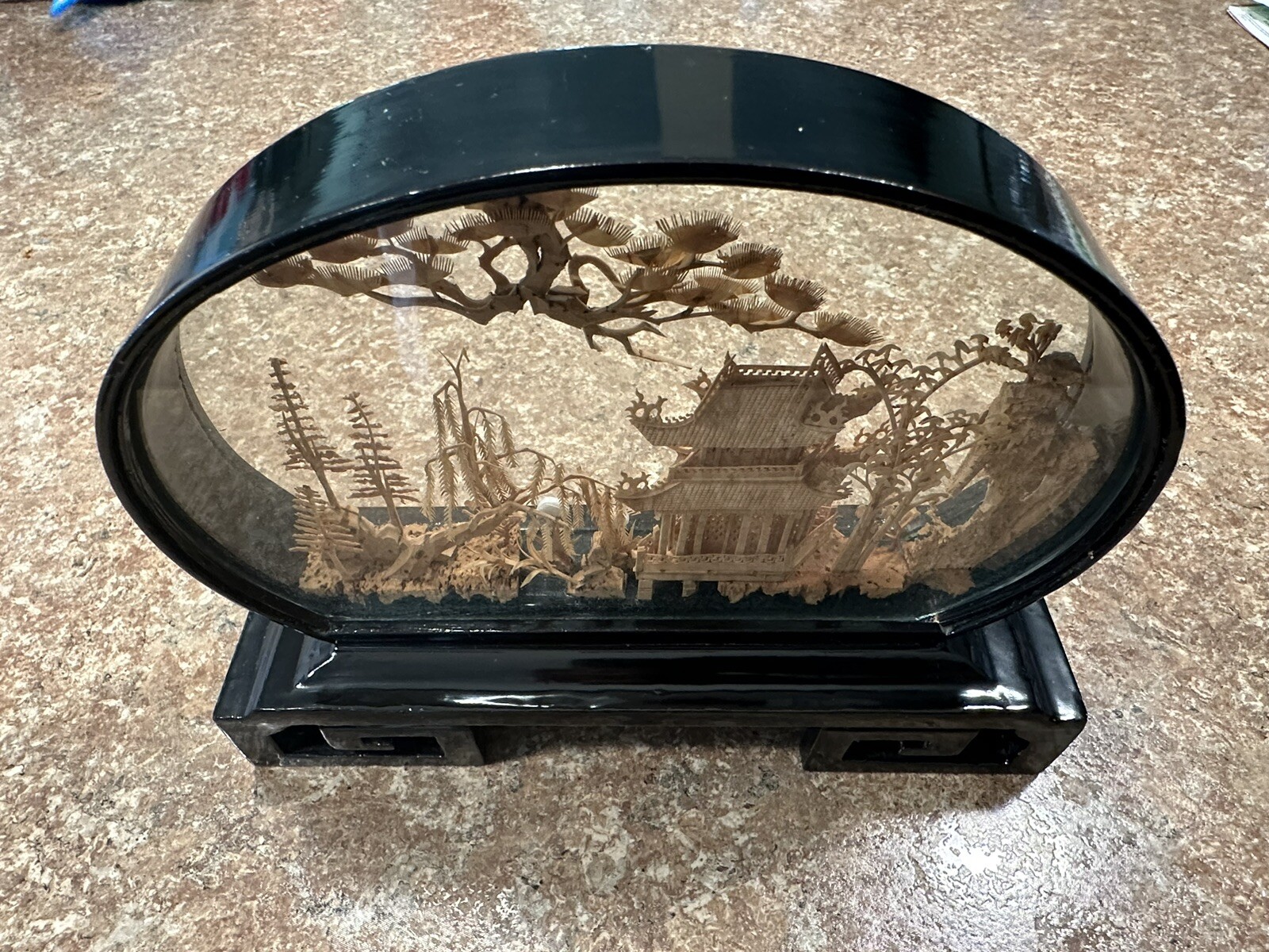VINTAGE CHINESE DIORAMA CORK CARVING GLASS CASE PAGODA TREES & CRANES