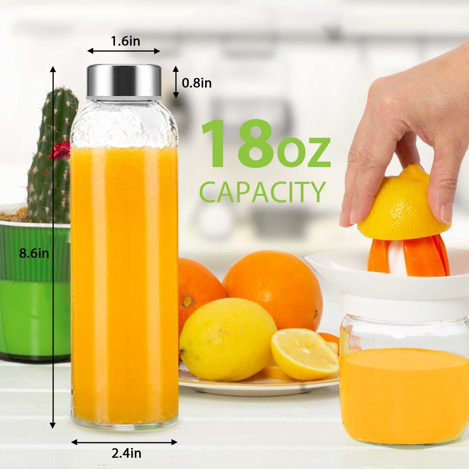 Clear Glass Bottles with Lids 18 oz, Reusable Glass Water Bottles with Stainl…