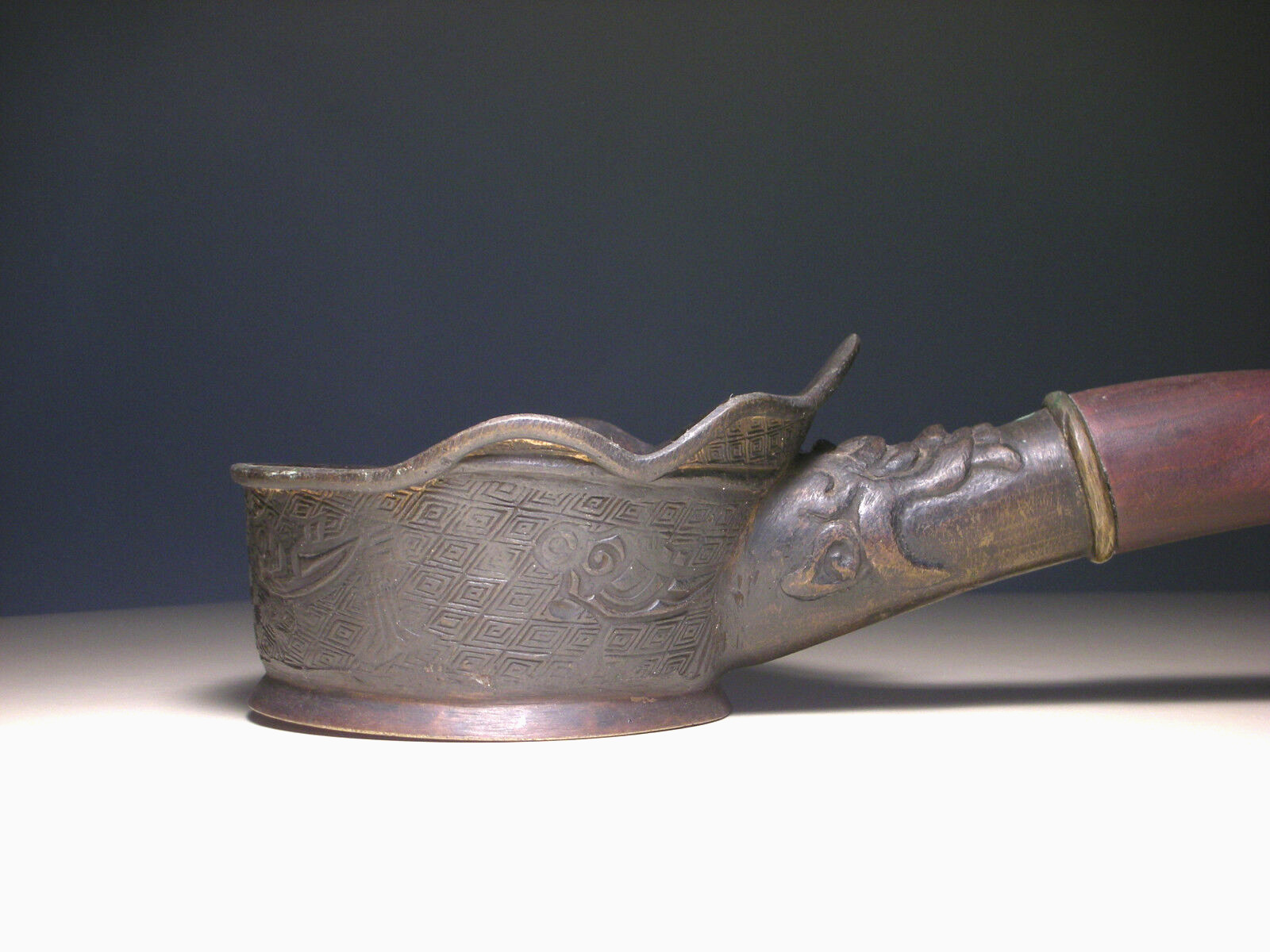 Vintage Chinese Brass Metal Pan Silk Iron with Long Wood Handle (L: 14.5″)