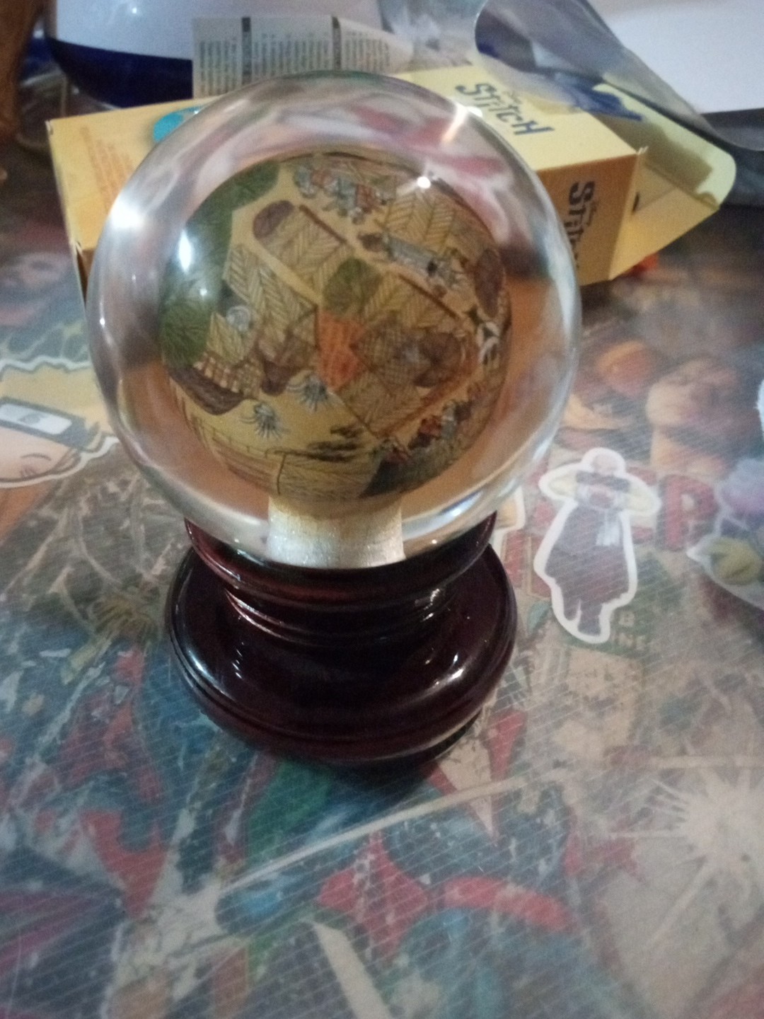 Vintage Chinese Hand Reverse Painted Glass Globe / Wooden Base Stand – 5″ Sphere