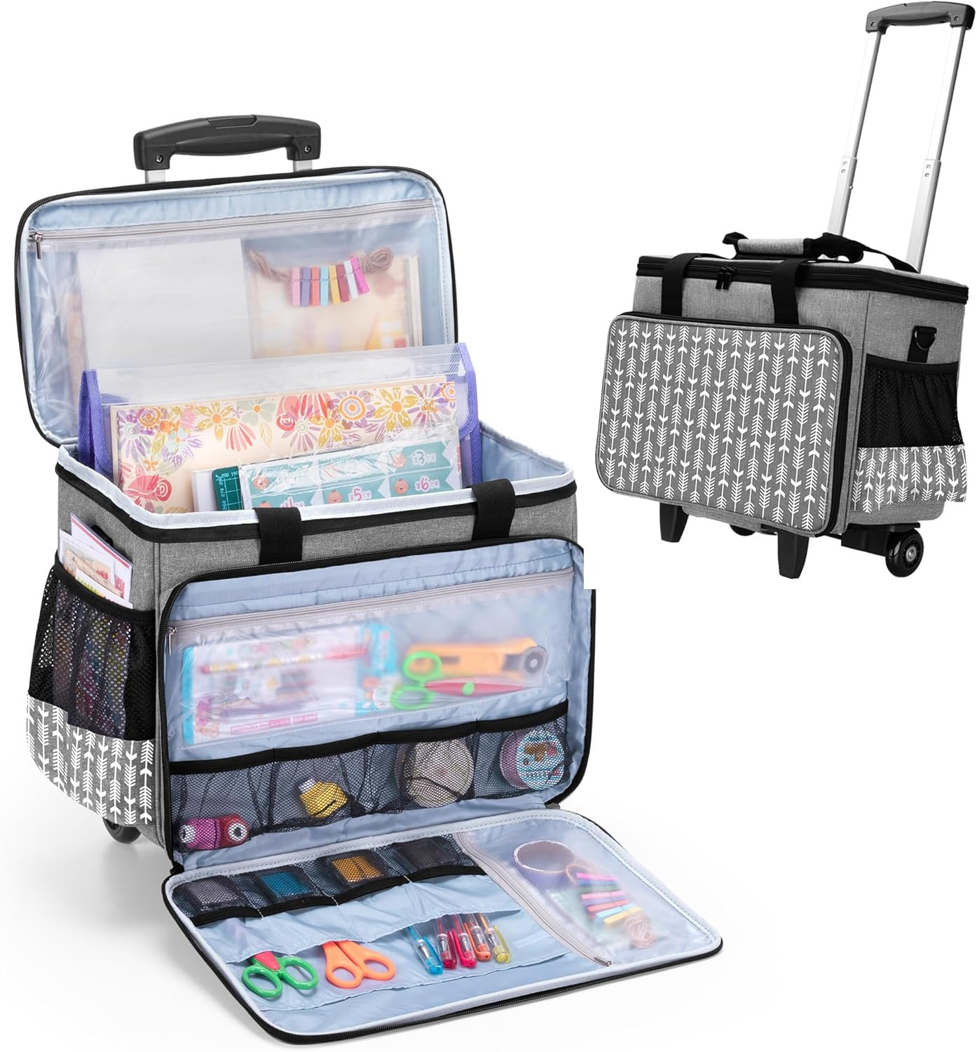 Rolling Craft Bag on Wheels, Women Craft Scrapbook Tote Bag with Detachable Trol