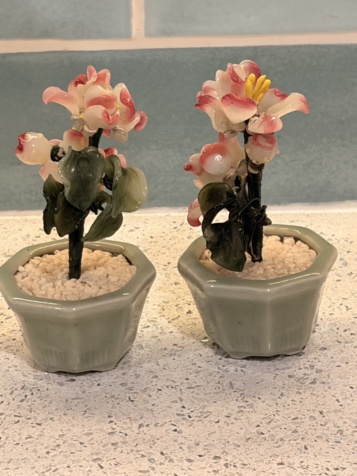 2 Vintage Asian Decor Small Jade Glass Pink Flower Bonsai Tree Celadon Pot 4.25”