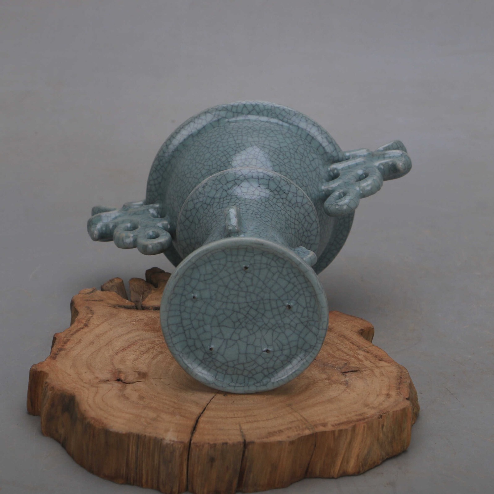 9″ China Ruyao Celadon Glaze Porcelain Ice Cracks Dragon Two Ear Incense Burner