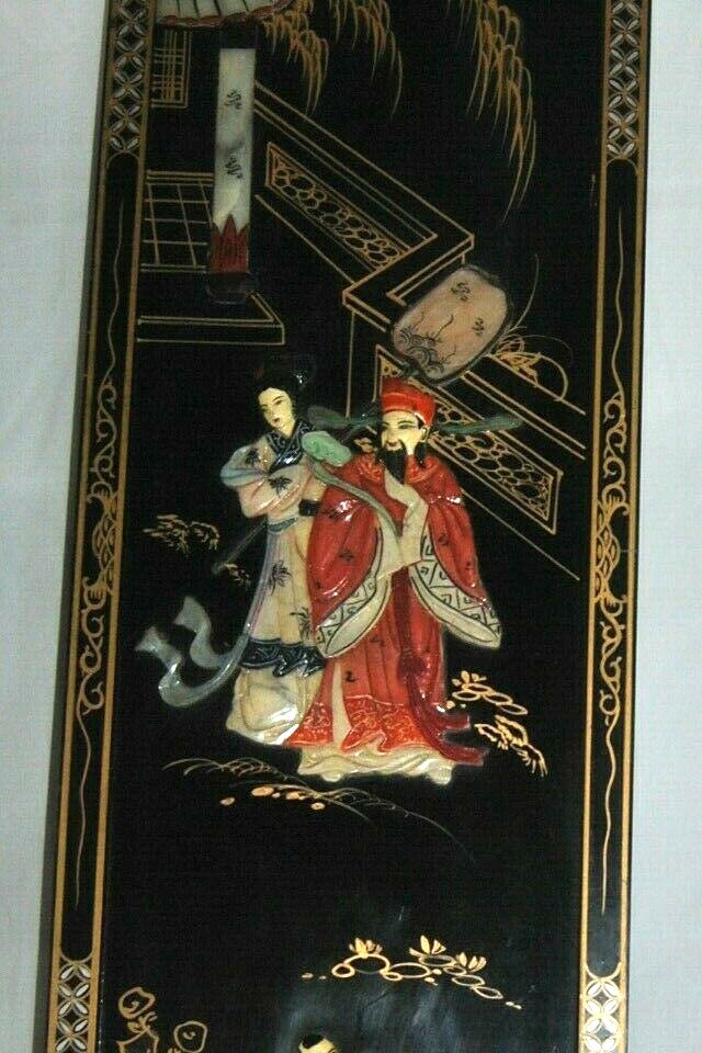 NICE Vintage Lacquer Chinese Carved Soapstone Wall Art Panel 12″ x 36″