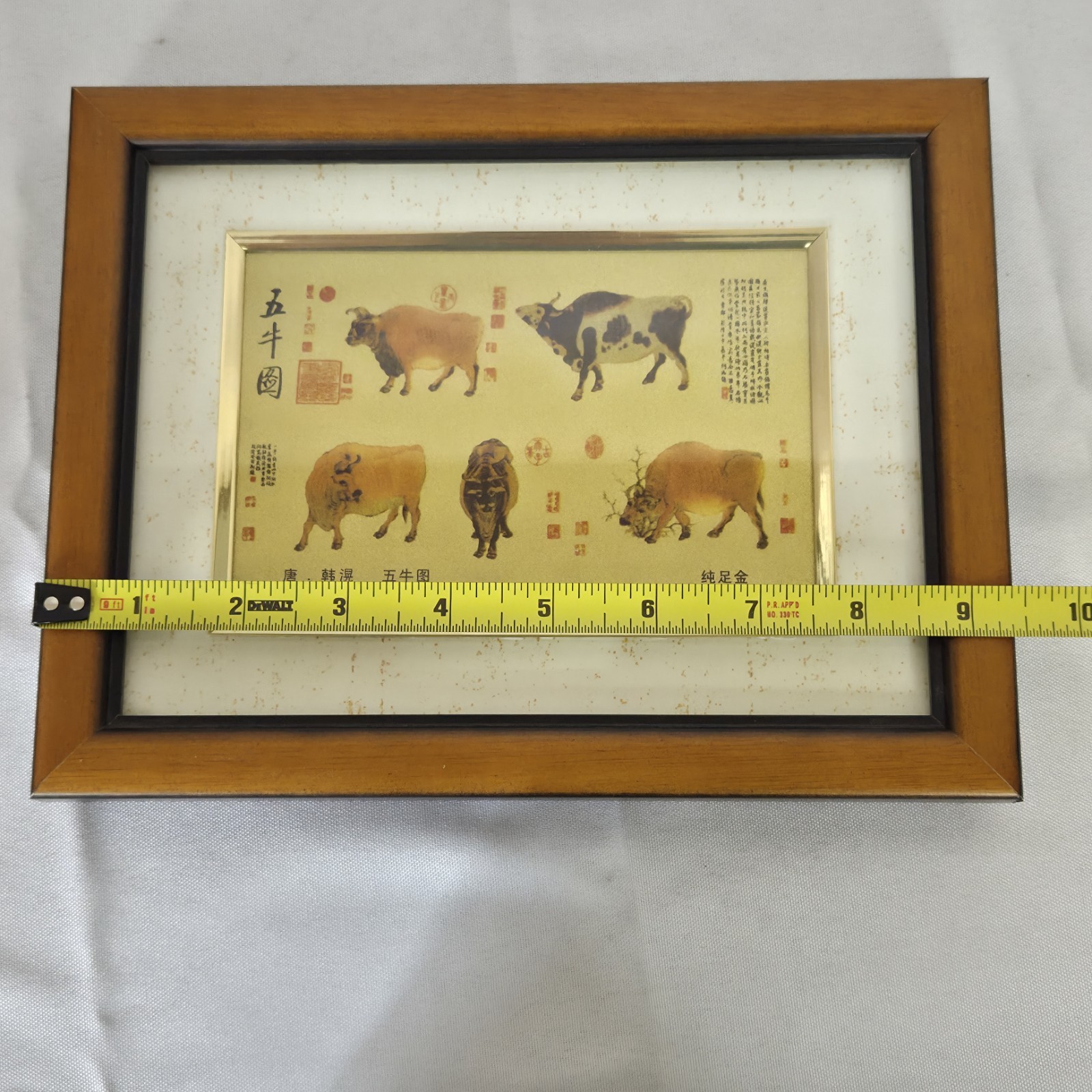 Chinese Five Oxen Gold Painting Framed Table Top With Box Vintage