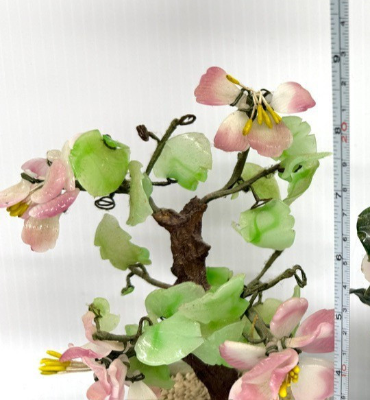 Vintage Jade Glass Cherry Blossom Bonsai Tree Pink Flowers 8” Celadon Pot