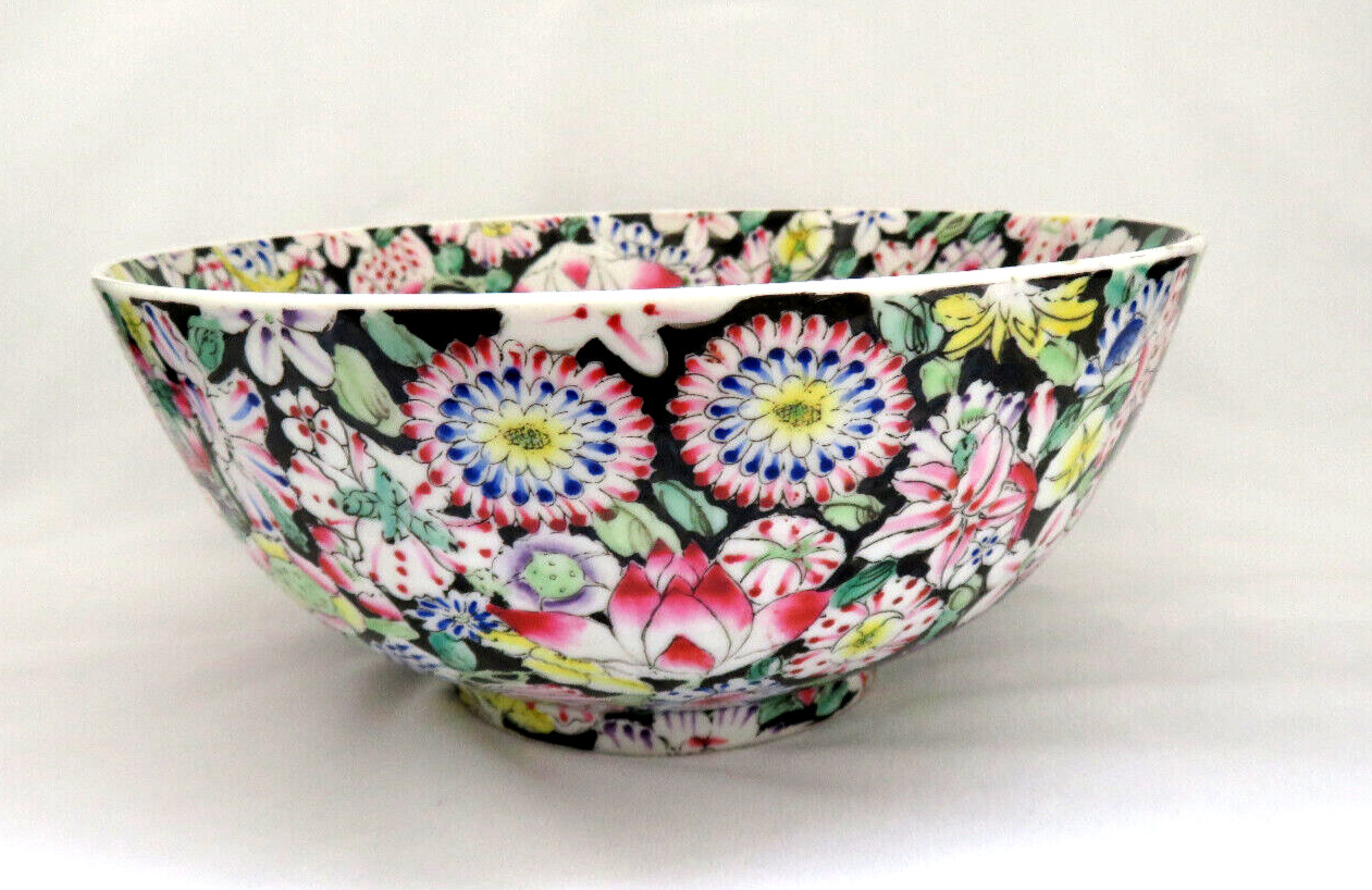 Famille Rose Mille Fleur Black Noire Thousand Flowers Centerpiece Bowl 10″ D