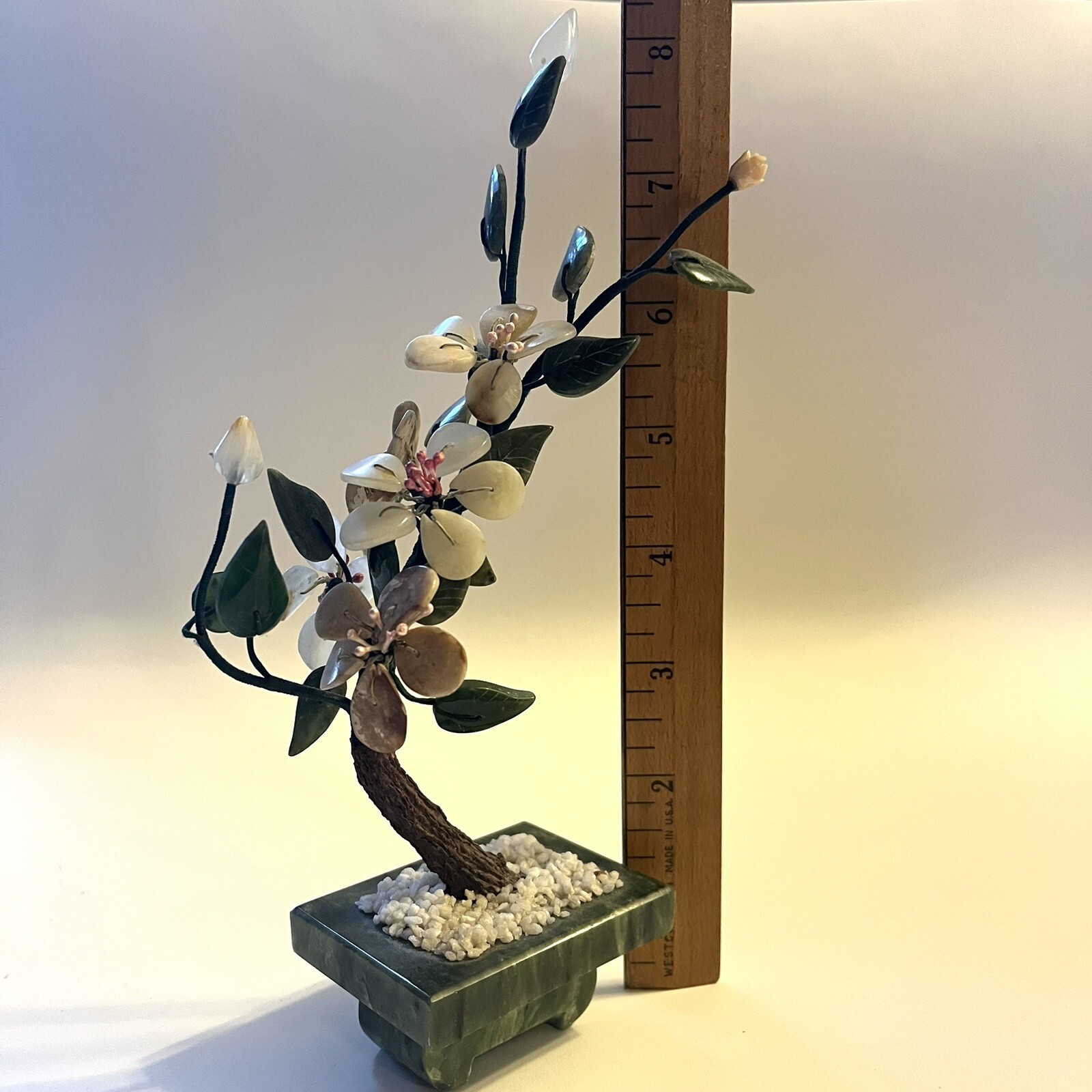 Vtg Asian Flowering Blossom Tree Hand Carved Jade Agate Semi-Precious Stone 8″H