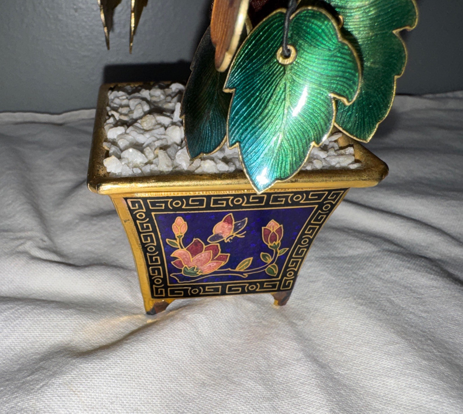 Cloisonne Enamel and Metal Bonsai Tree w/ Pot Colorful Flowers 7.5” Vintage