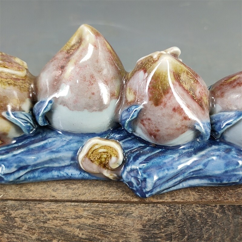 8.9″ Chinese Blue-and-white Porcelain Red Glaze Longevity Peach Pen Rack