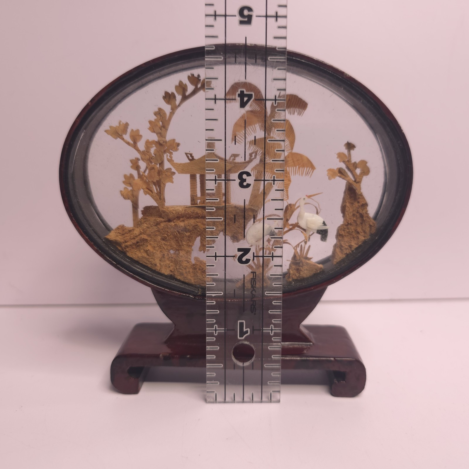 VINTAGE CHINESE DIORAMA CORK CARVING GLASS CASE PAGODA TREES & CRANES.
