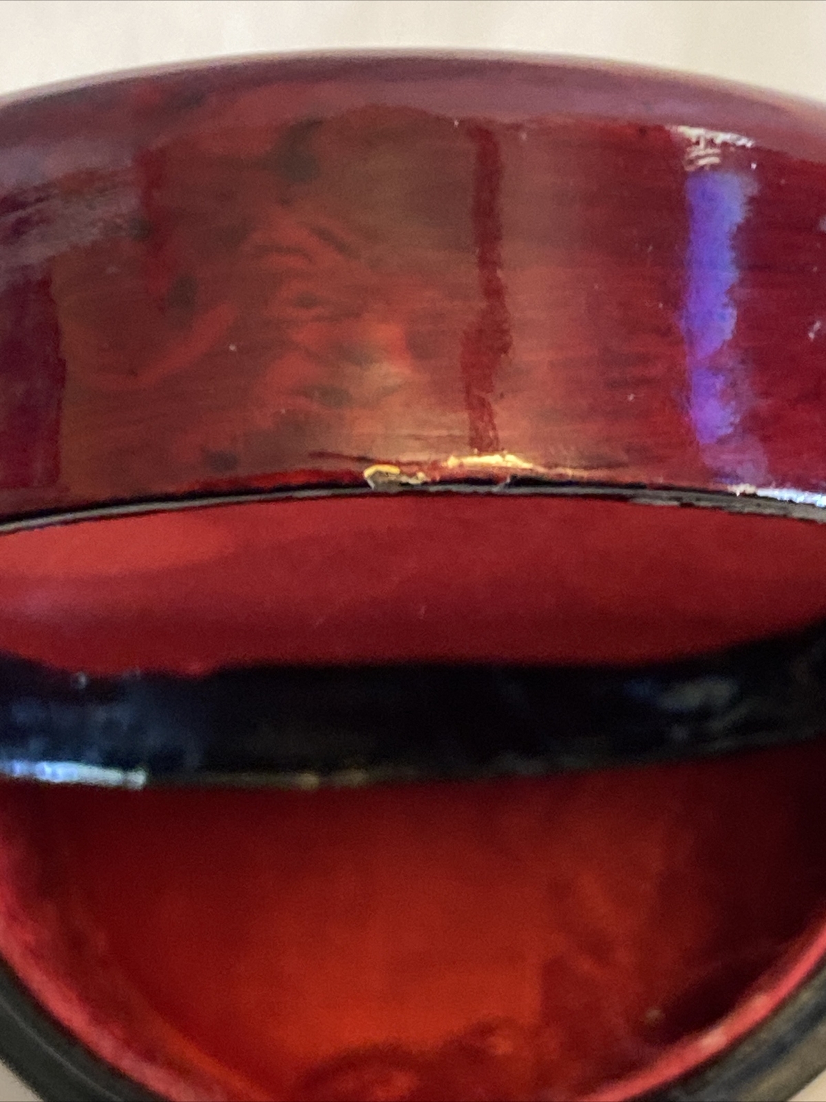 Vintage Wooden Trinket Box with Carved Cork Inlay in the Lid Lined with Red Silk