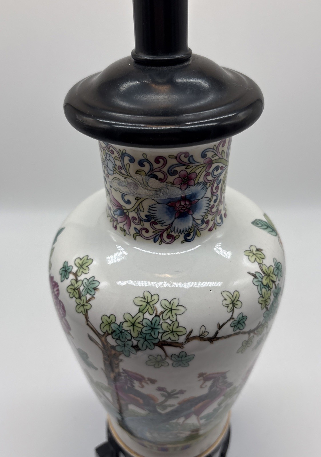 Vintage Chinese Porcelain Vase Lamp With Asian Birds Feathers Floral
