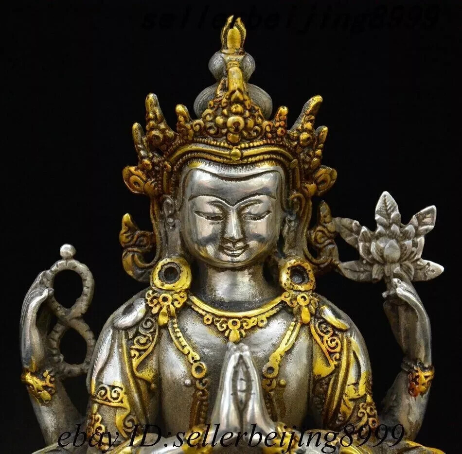 8″ Tibet Silver Gilt 4 Arms Chenrezig Goddess Buddhas Avalokiteshvara God Statue