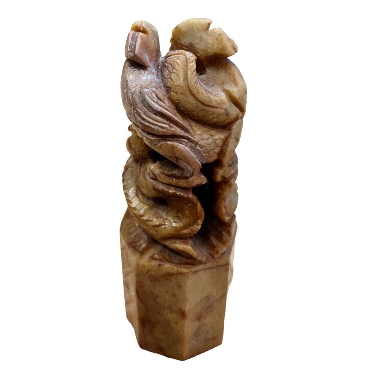 Chinese Carved Soapstone Dual Dragon Chop Very Detailed 4.5” Tall Large