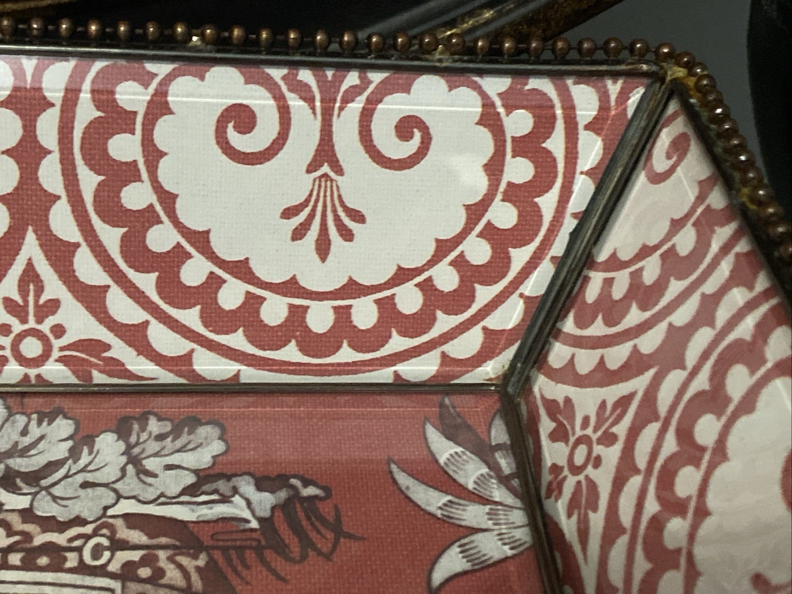 Vintage Chinoiserie Leaded glass Tray Chinese Culture Designs Reddish Pink