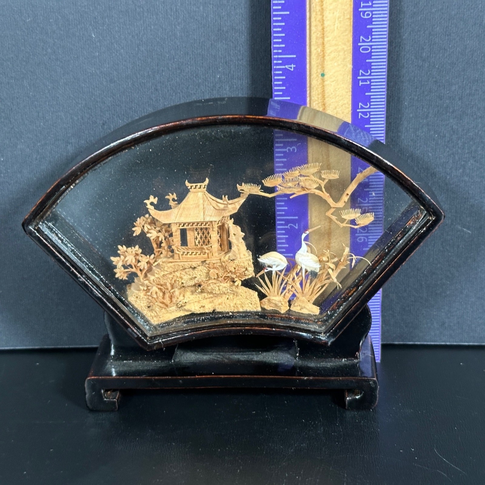 VTG Chinese Hand Carved 3D CORK ART DIORAMA San You Landscape Fan Shaped Frame