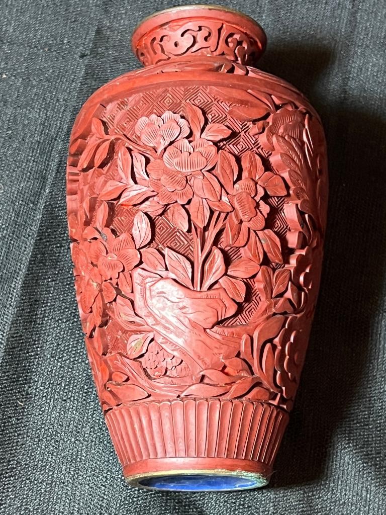 Old Chinese Antique Hand Carved Cinnabar Red Lacquer Vase Urn QING Blue Enamel