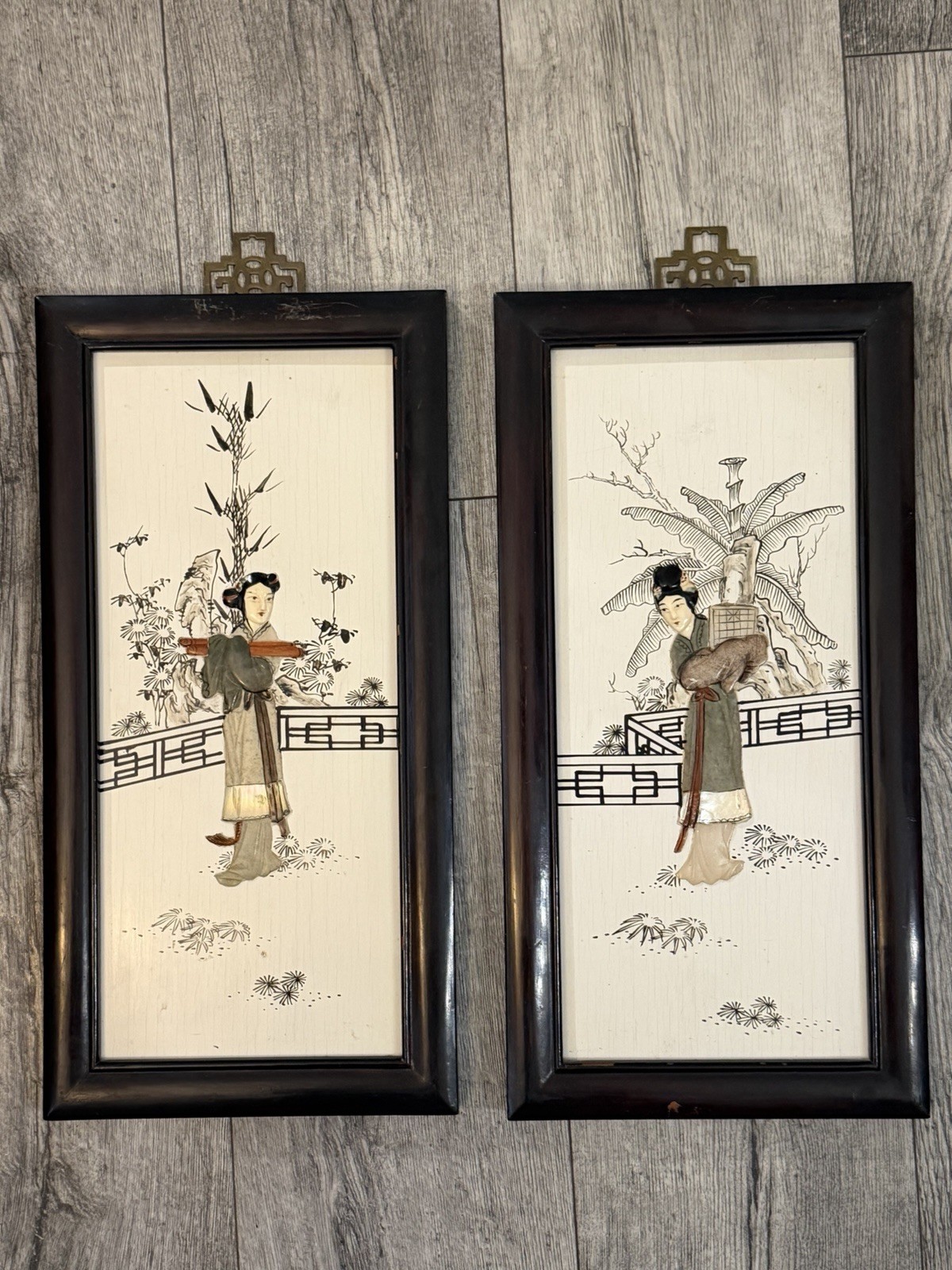 VTG Chinese Black Lacquer Wall Panels Pair Mother Pearl Inlay Geisha Art 19.5×9