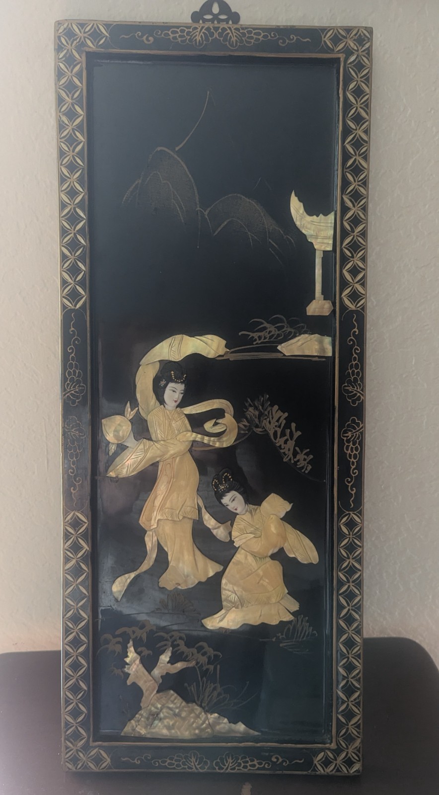 Vintage Asian Black Lacquer Mother of Pearl Geisha Wood Wall Panels- Set of 2