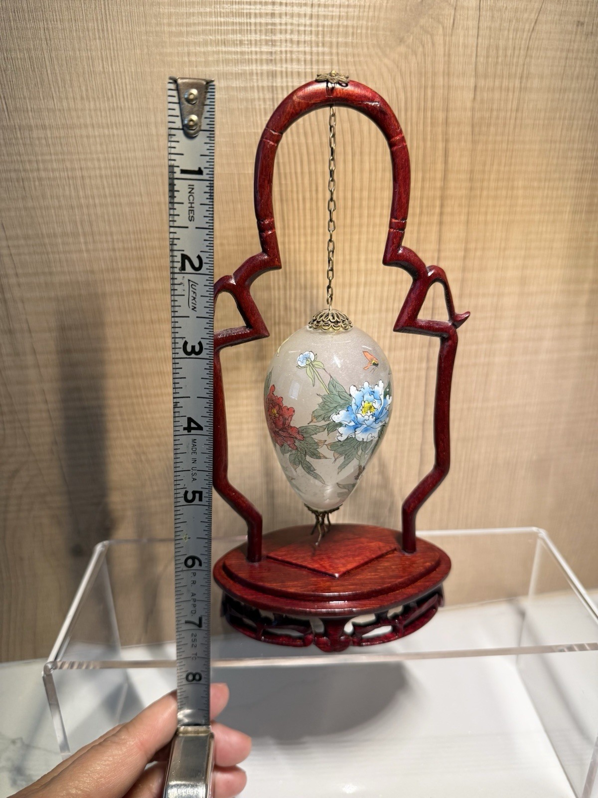 Chinese Reverse Painted Glass Egg on Stand – Decorative Art Piece