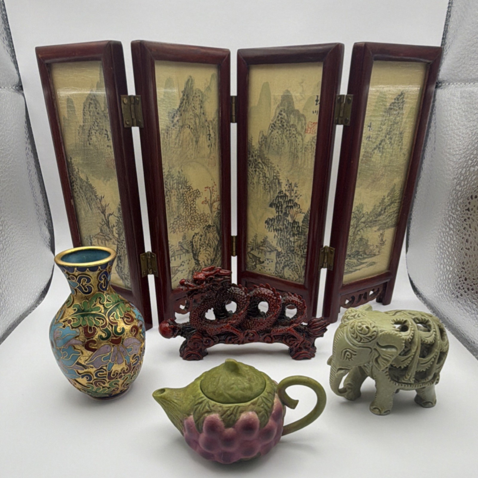 Antique Chinese Handmade Collectible Set: Vase, Teapot, Dragon, Elephant, Screen