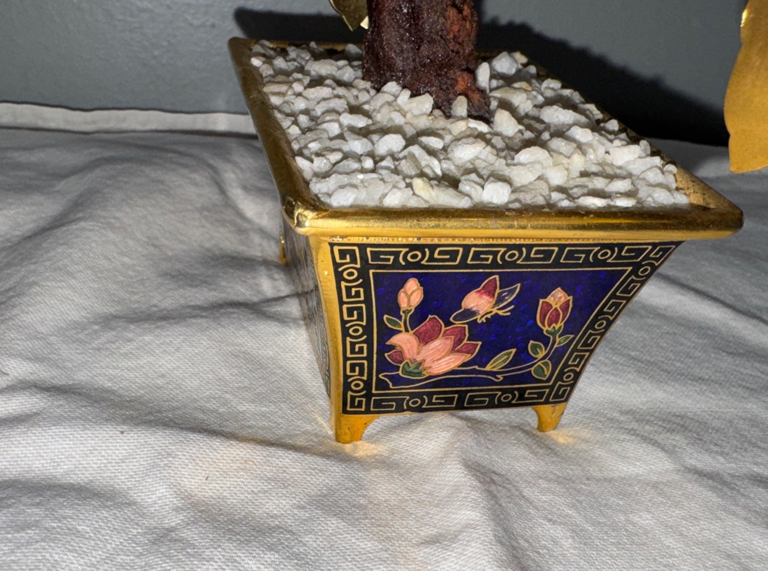 Cloisonne Enamel and Metal Bonsai Tree w/ Pot Colorful Flowers 7.5” Vintage