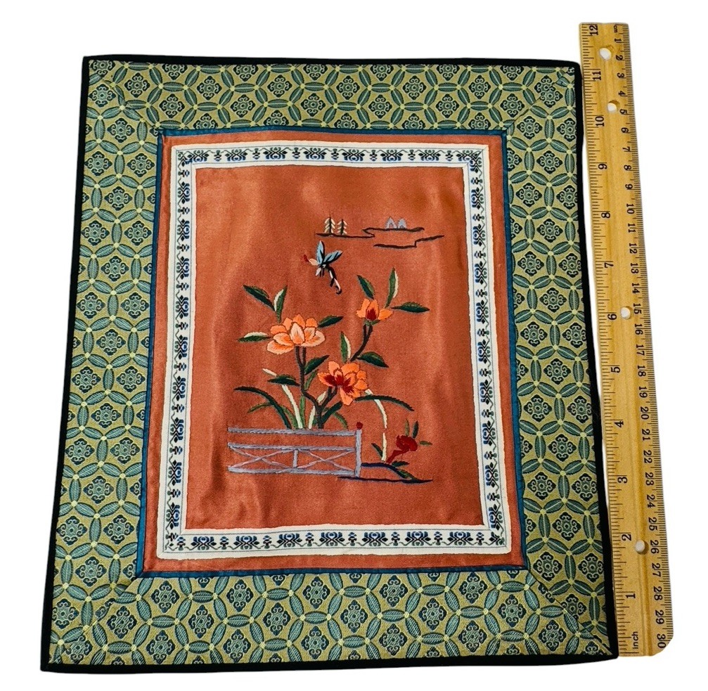 5 COLORFUL SILK PLACE MATS W/FLORAL EMBROIDERY, MADE IN CHINA, 11″ X 10″