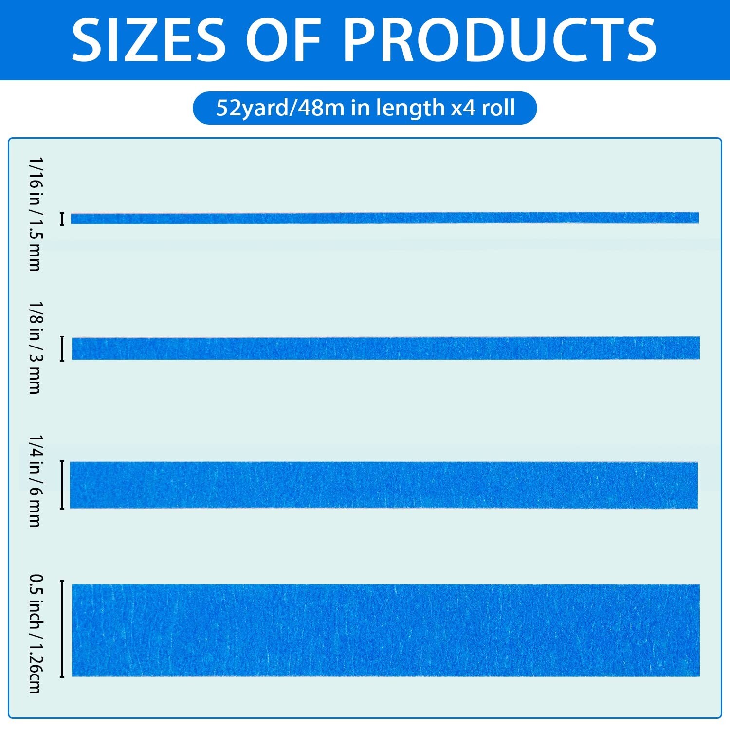 4 Rolls Fine Line Tape(Blue), Fineline Masking Tape in 1/16, 1/8, 1/4 and 1/2 In