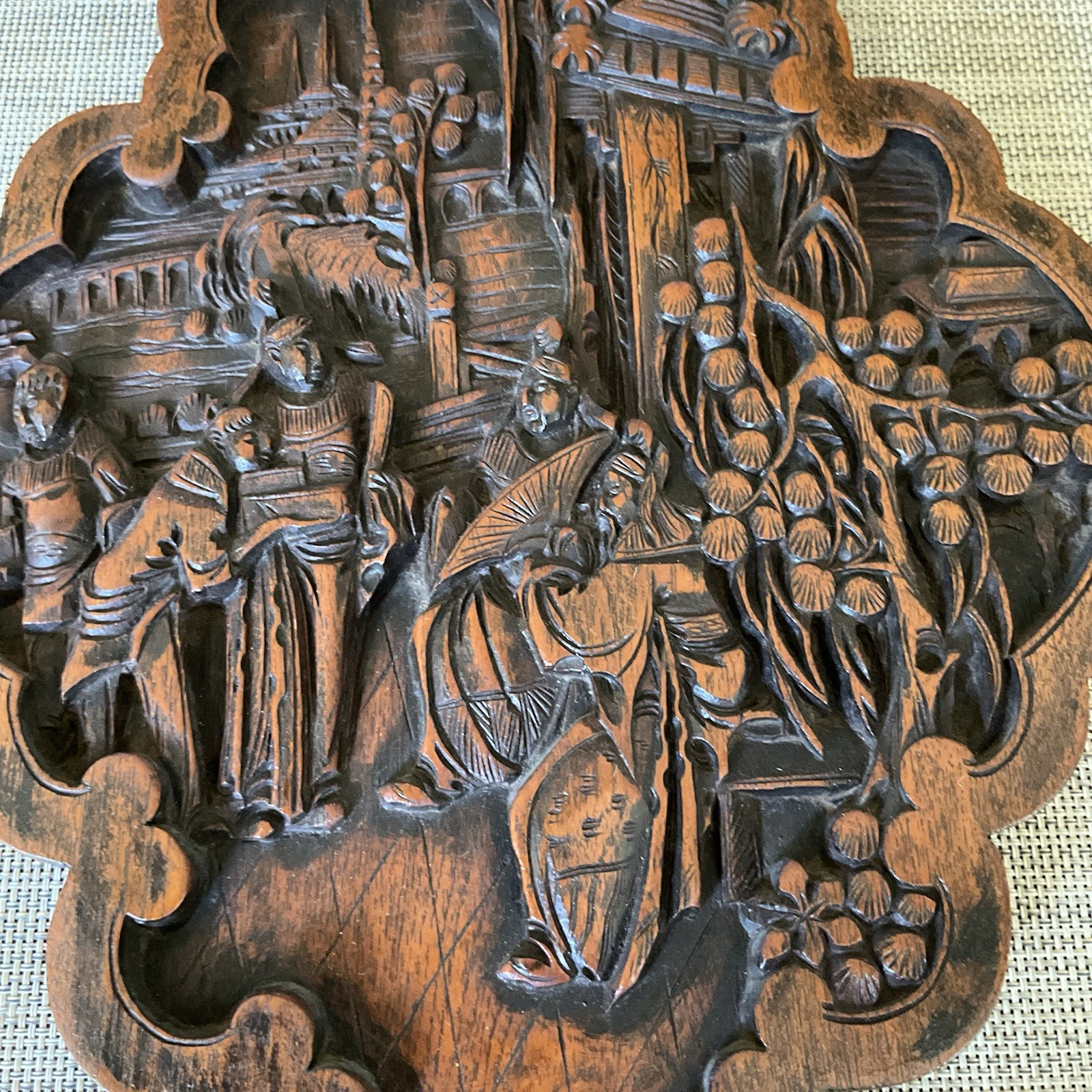 Vintage Rare Chinese Hand Carved Relief Wooden Wall Hanging Panel Good Luck