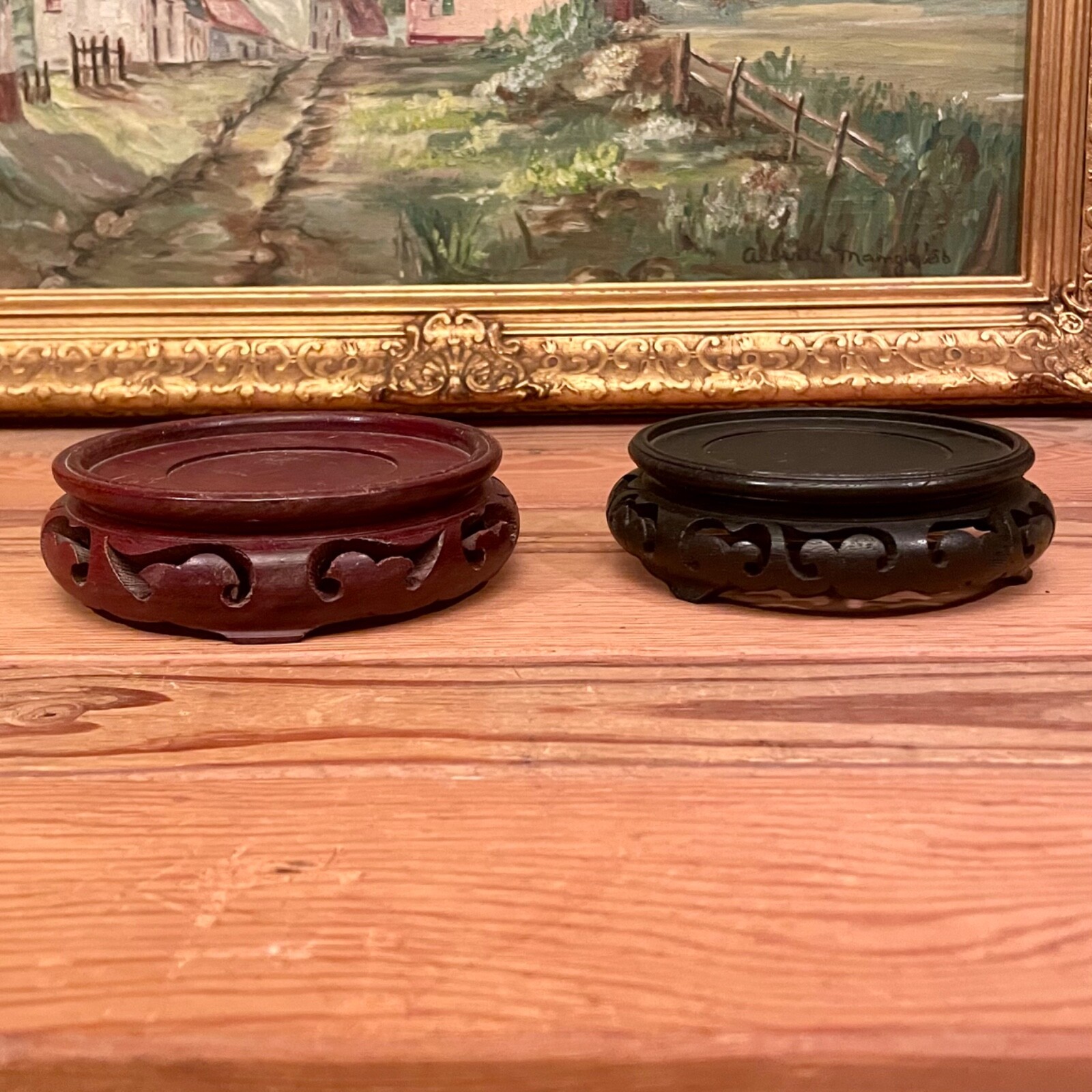 Lot Of 2 Large Chinese Wooden Stands Inside 1 @ 3.75″ – 1 @ 4″
