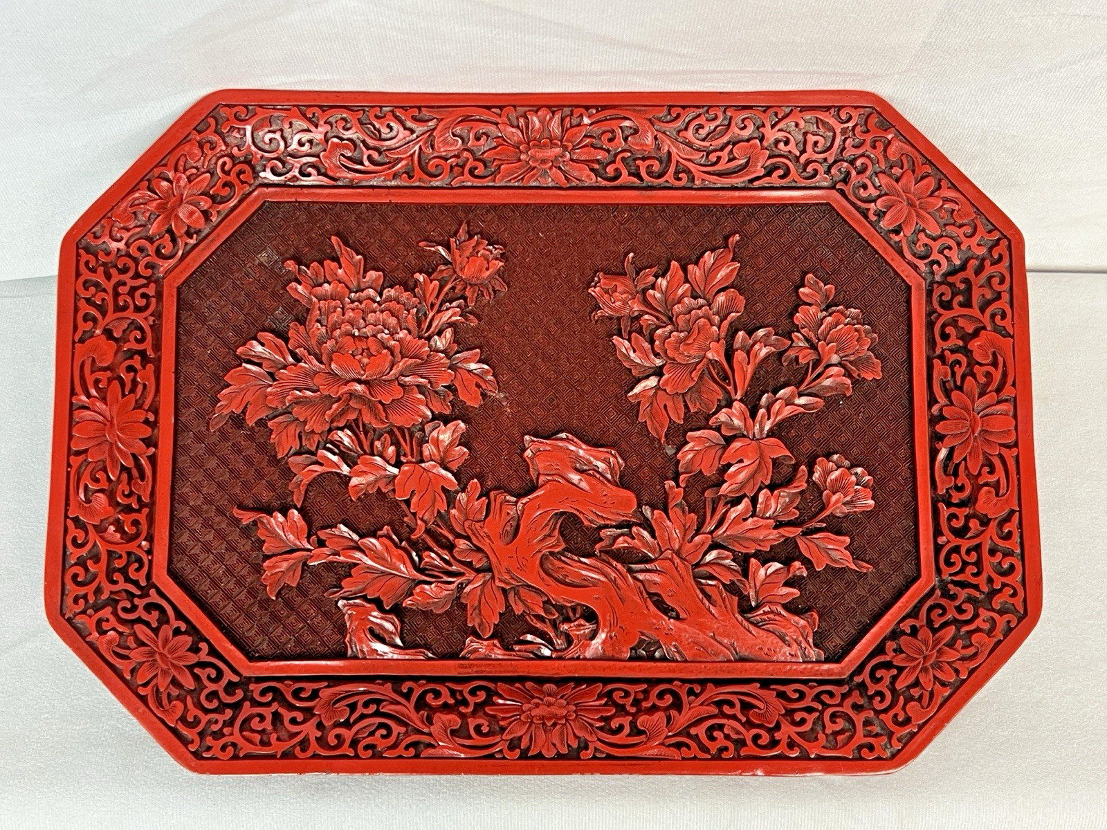 Vintage Chinese Cinnabar Lacquer Serving Tray Platter Carved Peony Floral 14×10″