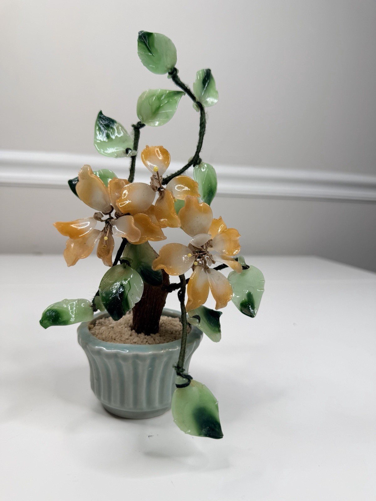 Vintage Asian Jade Glass peach green Cherry Blossom Bonsai Tree 9” Inch