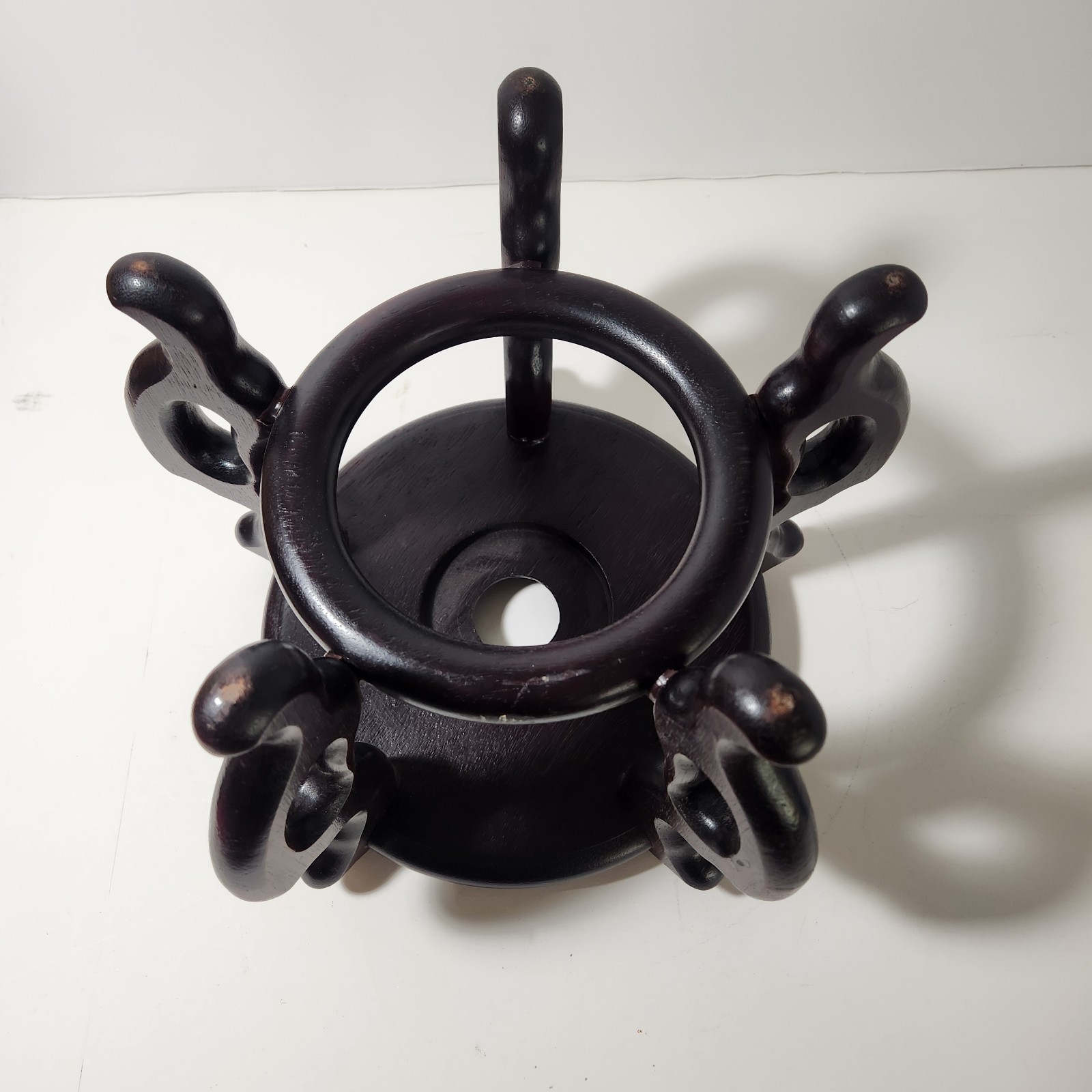 Vintage Chinese Carved Black Finish Wood Jardiniere Fishbowl Plant Stand 9″ High