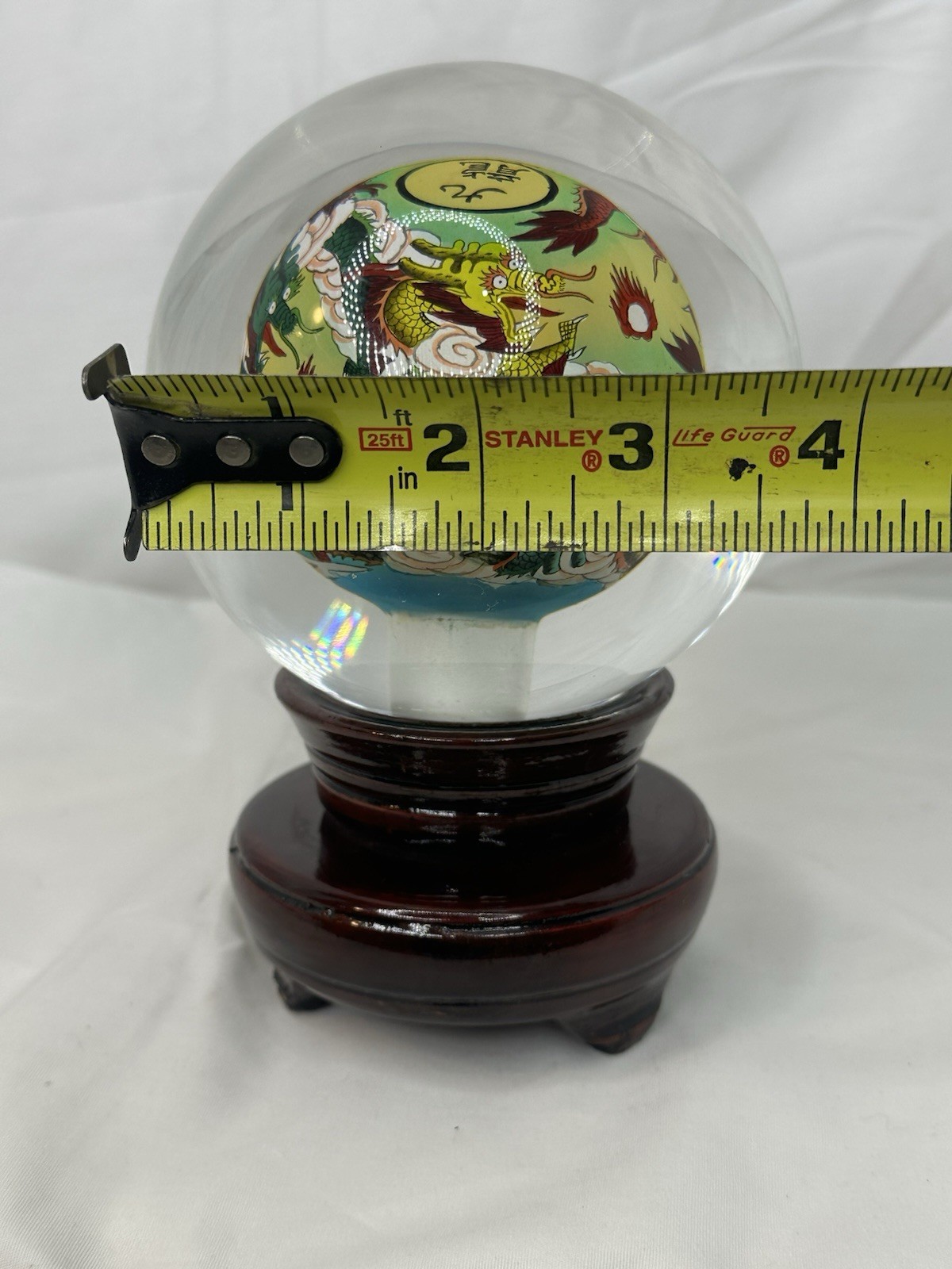 Chinese Reverse Painted Glass Crystal Ball Dragon Sphere Wood Stand Original Box