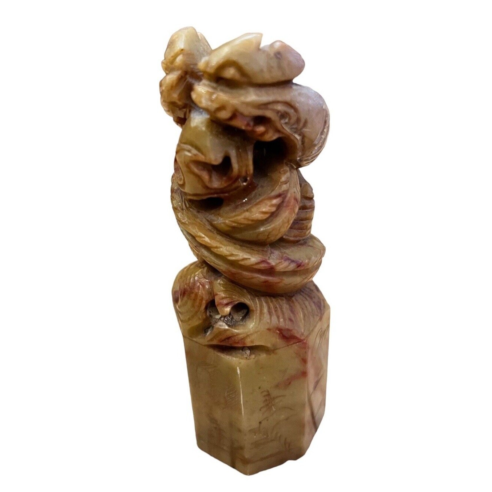 Chinese Carved Soapstone Dual Dragon Chop Very Detailed 4.5” Tall Large