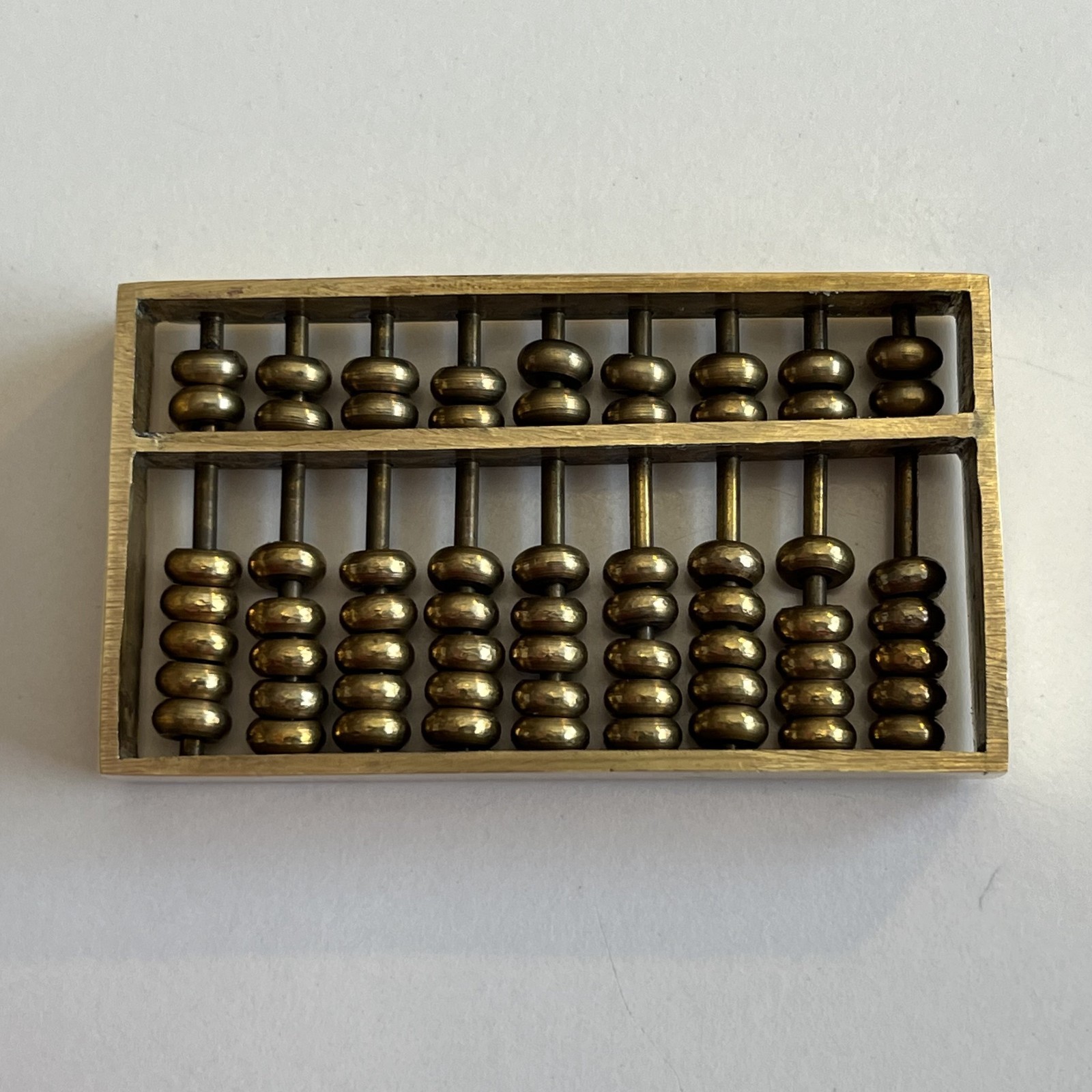 Vintage Miniature Brass Chinese Suanpan 9 Rod Abacus With Silk Brocade Box.