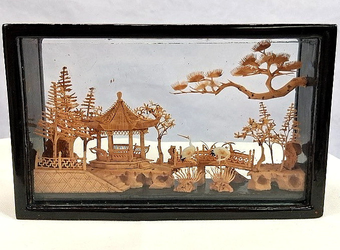 2 Chinese Scene 3D Hand Carved Cork Dioramas Black Lacqured Wood & Glass Cases