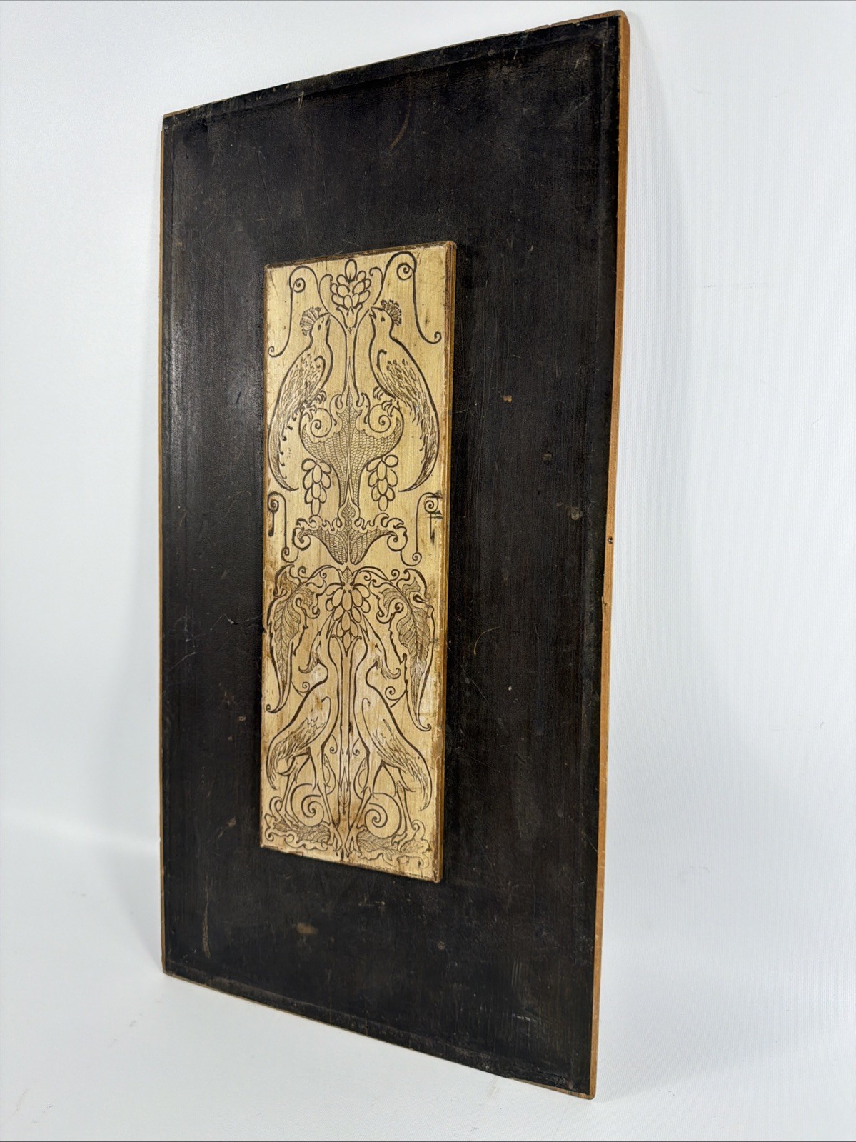 Vintage Chinese Scholar Seal Style Wall Plaque Bird Vine Chinoiserie Art