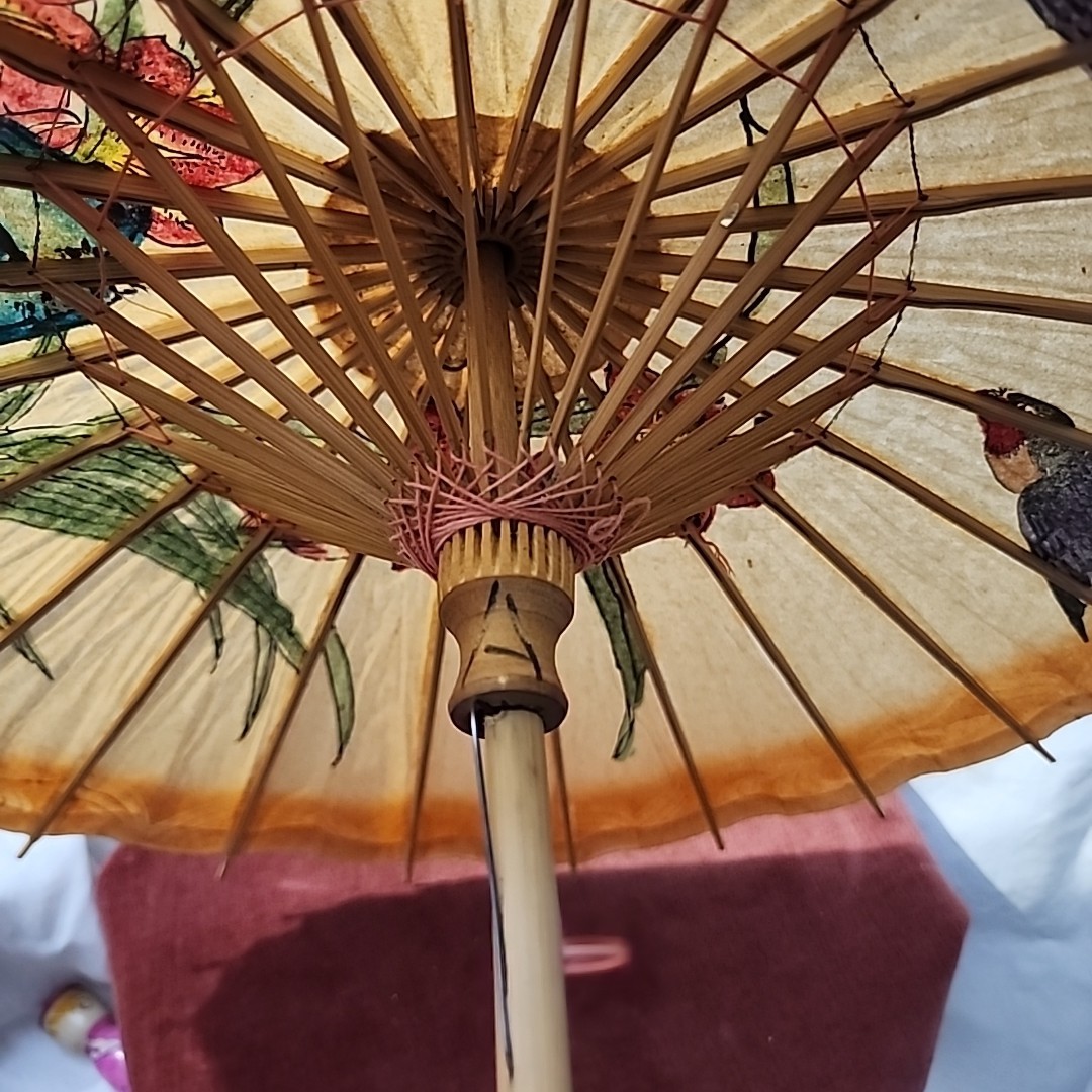 Set of 3 Vintage Oriental Hand Painted Birds & Flowers Bamboo Paper Parasols