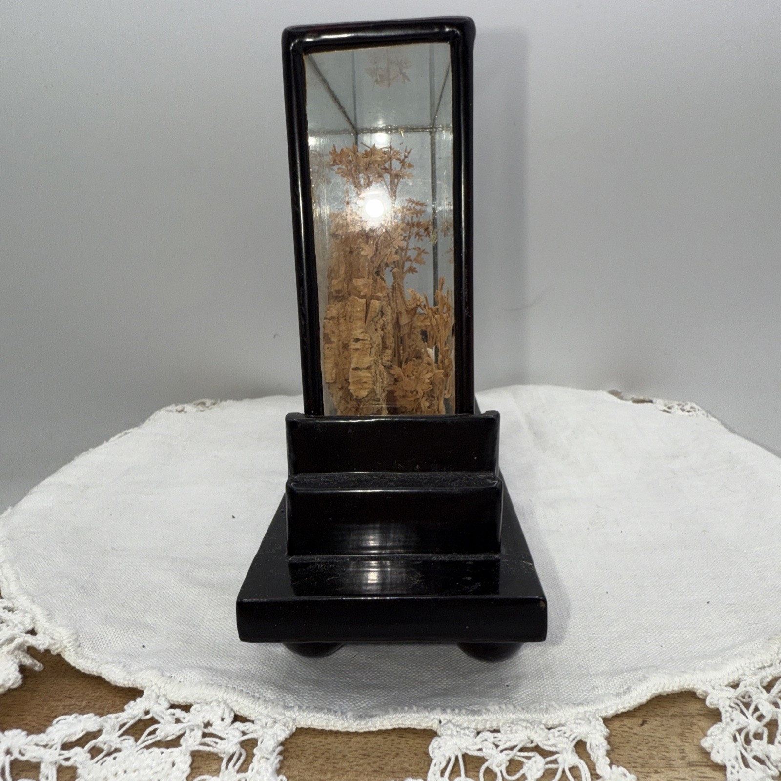Vintage Chinese Cork Diorama Traditional Art Glass Case Enameled Wood