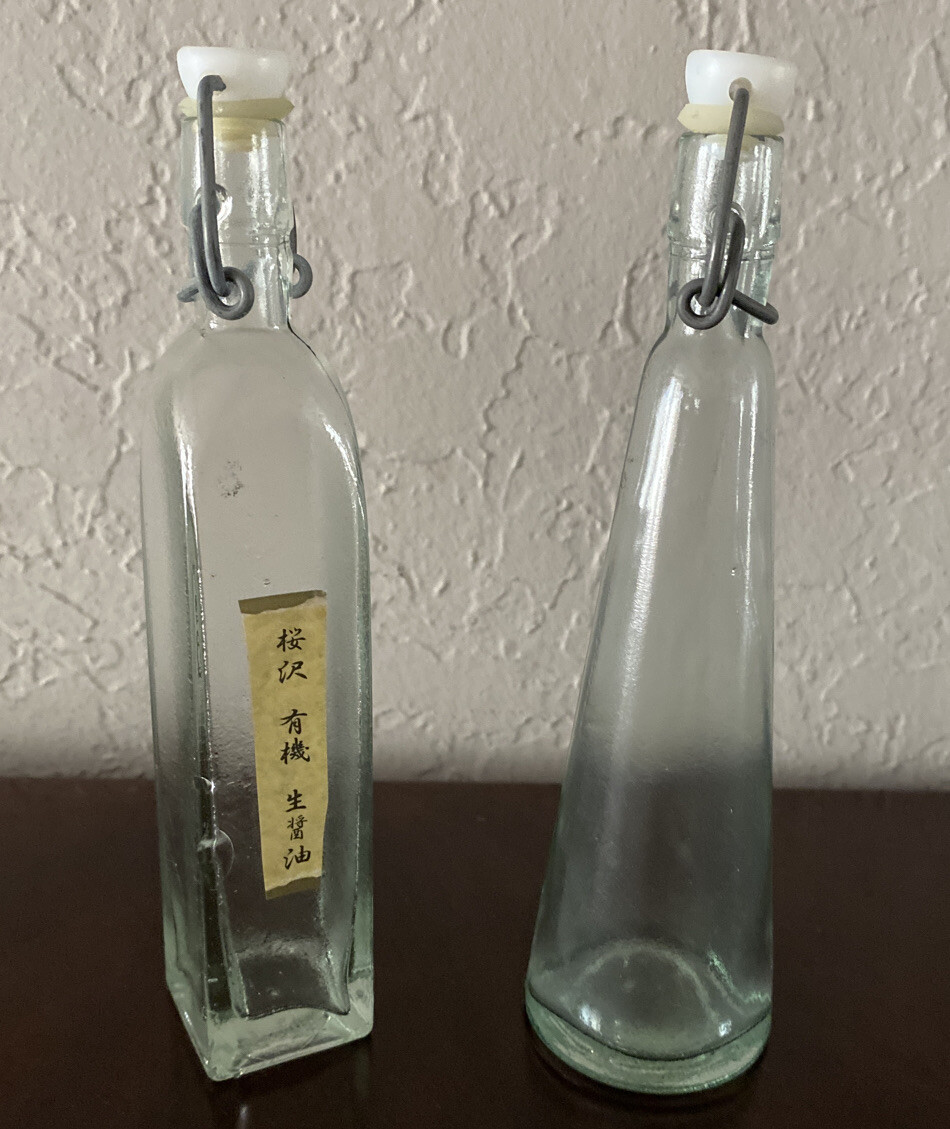 Vintage 2 Japanese Chinese Asian Glass Soy Bottles 70s- 80s Restaurant Not Used