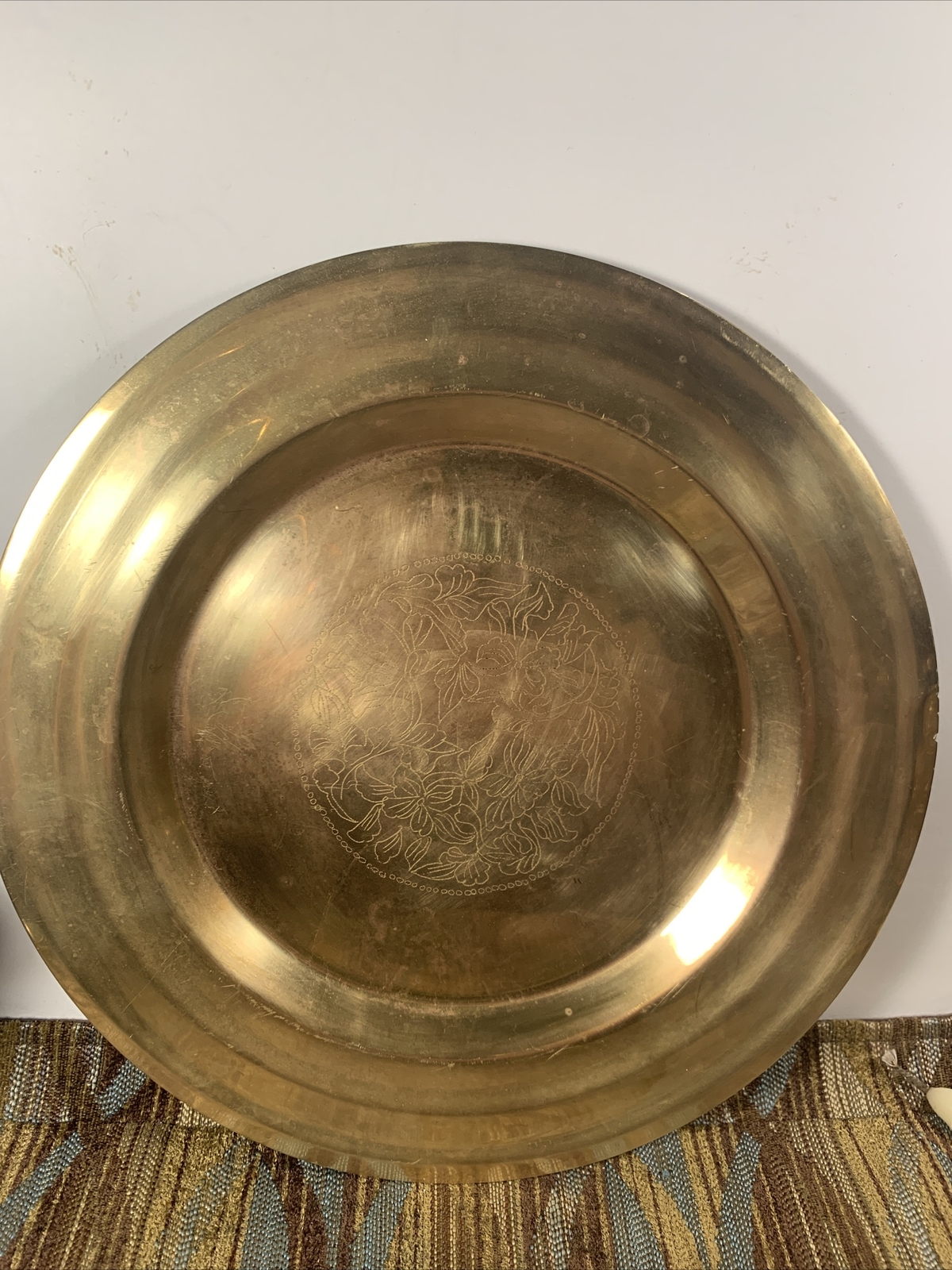 Vintage Chinese Brass Tray~Platter Etched Florals Medallion~10”~Boho