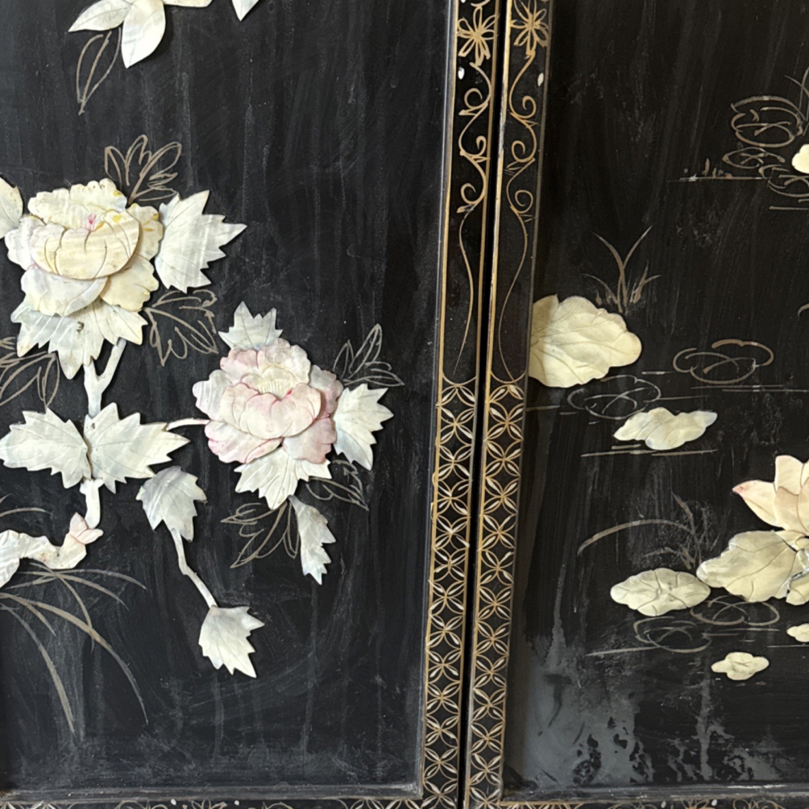 Chinese Four Panel Decorative Wall Art Set Birds Flowers Black Gold Frames